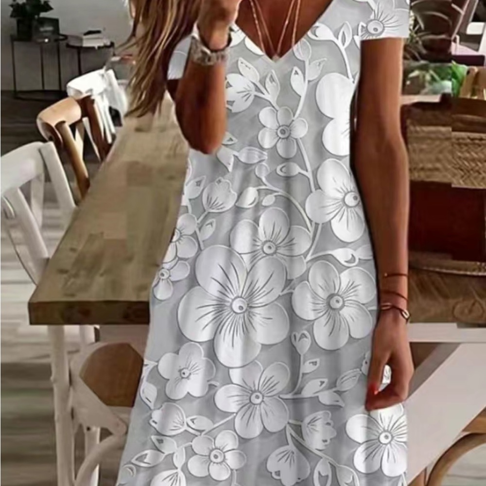 Floral print dress.  Casual V-neck short sleeve summer dress.  Machine Washable
